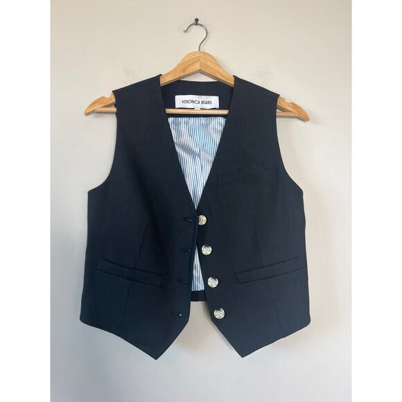 NEW Veronica Beard Bennett Linen Blend Half Belt Twill Vest Black Size: 2 - Picture 2 of 7